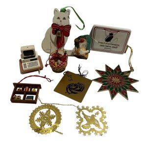 Vintage Christmas Tree Ornaments Collection 10 Piece Cat Owl Star Dove Computer